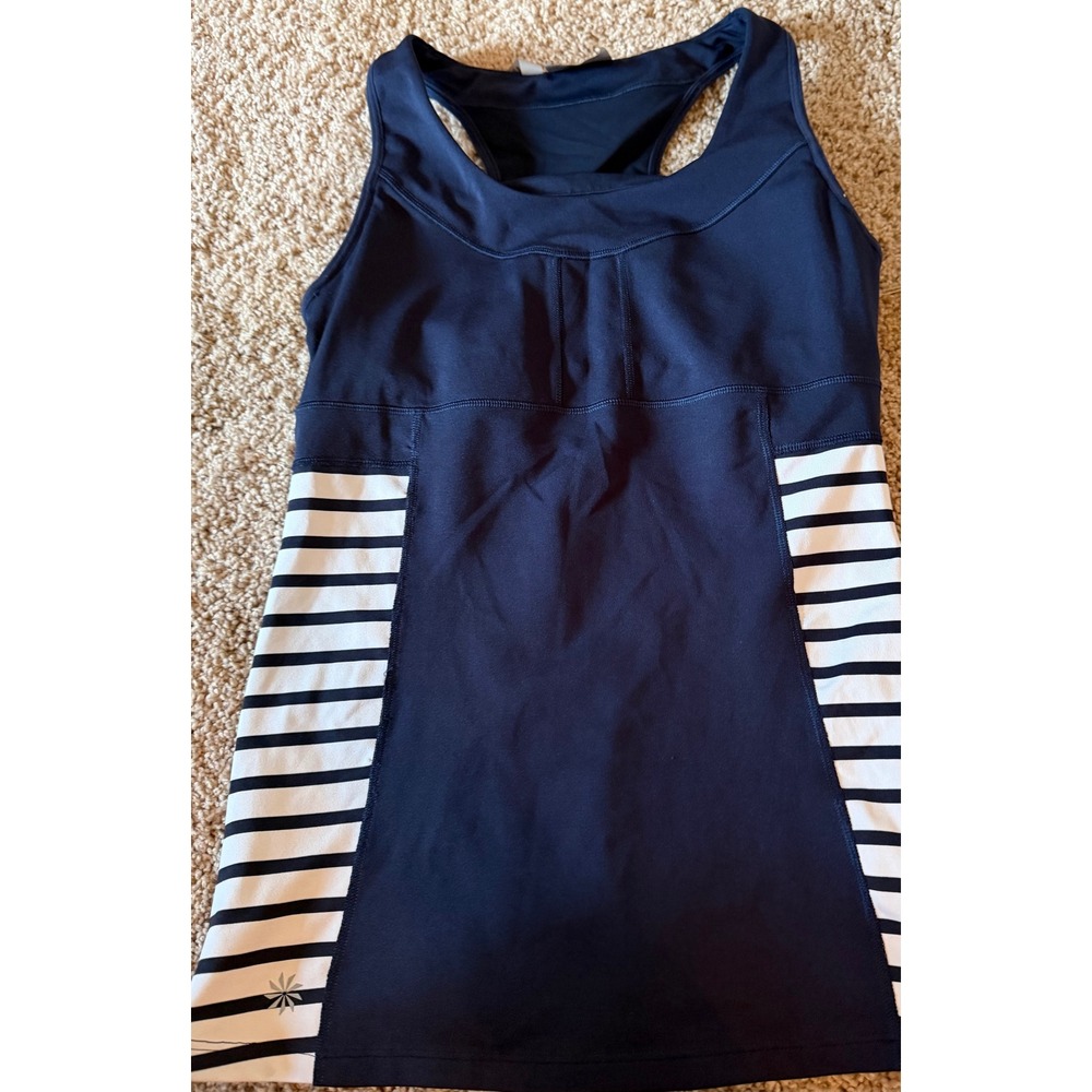 Athleta Navy Blue White Striped Racerback Tank Top with Built-in Bra Pockets S